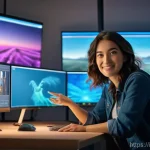 컴퓨터그래픽스운용기능사 취업 가능 직군 - A highly skilled 3D animator, female, in her late 20s or early 30s, stands confidently in a vibrant,...