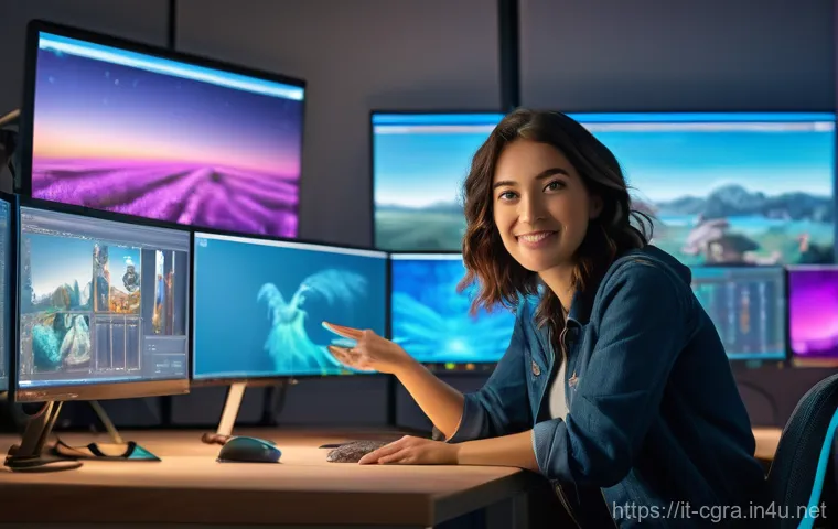 컴퓨터그래픽스운용기능사 취업 가능 직군 - A highly skilled 3D animator, female, in her late 20s or early 30s, stands confidently in a vibrant,...