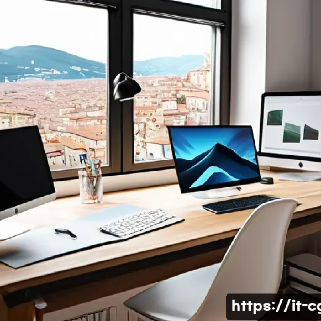 컴퓨터그래픽스운용기능사 자격증의 직무역량 평가 - A modern digital graphic designer’s workspace in a bright, minimalist Italian home studio, featuring...