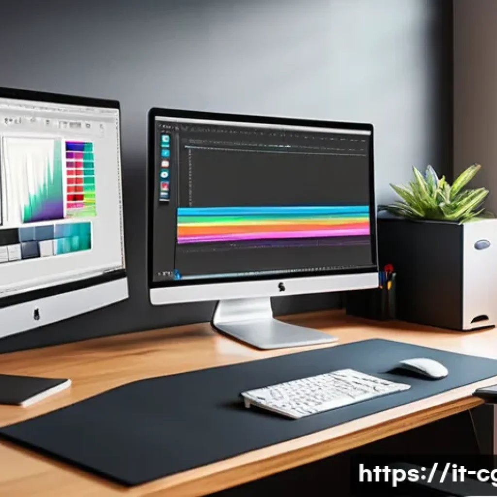 컴퓨터그래픽스운용기능사 초보자를 위한 가이드 - A modern graphic design workspace featuring a clean, organized desk with a high-resolution calibrate...
