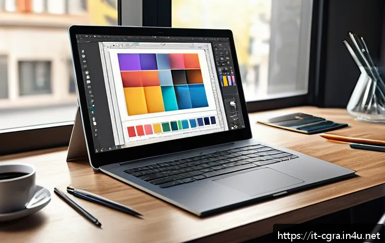 컴퓨터그래픽스운용기능사 자격증 시험의 기출 분석 - A modern digital graphic design workspace featuring a sleek laptop displaying Adobe Photoshop and Il...