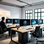 Home 22 컴퓨터그래픽스운용기능사 자격증 취득 후 직업 방향성 - A modern Italian digital design studio interior bustling with young professionals collaborating on 3...