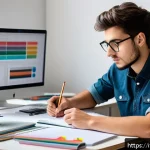 Home 19 컴퓨터그래픽스운용기능사 필기시험 난이도 리뷰 - A focused young Italian graphic design student sitting at a modern study desk in a bright, organized...